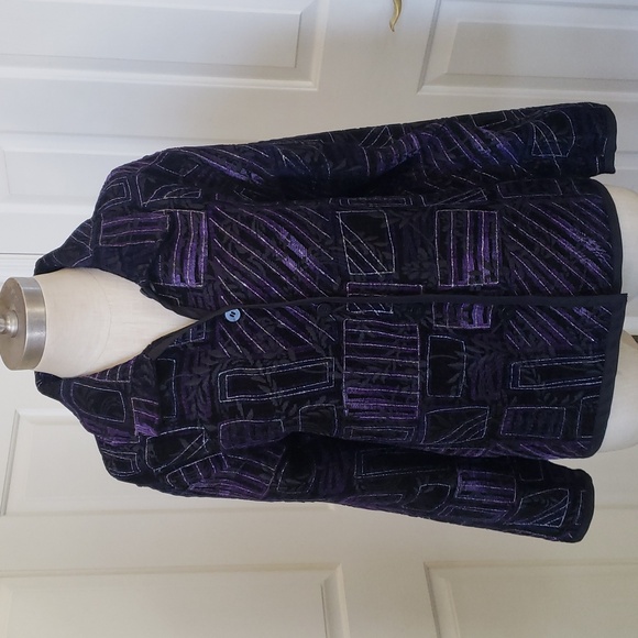 COLDWATER CREEK Black Purple Silver Velvet Jacquard Blazer Jacket Reversible - Picture 4 of 14